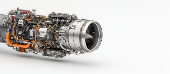 A detailed close-up of a jet engine, showcasing its complex internal components and metallic structure, emphasizing engineering precision and technology.