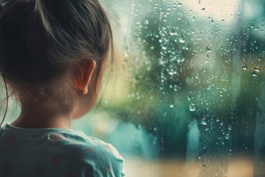 A child standing outside in the rain, looking through a window, feeling left out and emotionally distant from the warmth inside.