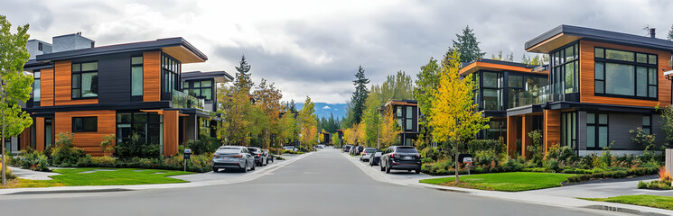 Neighbourhood Real Estate - Modern residential street with contemporary houses and autumn foliage.