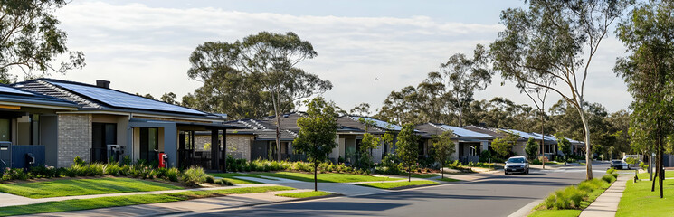 Neighbourhood Real Estate - A serene suburban street lined with houses and greenery, showcasing modern living.