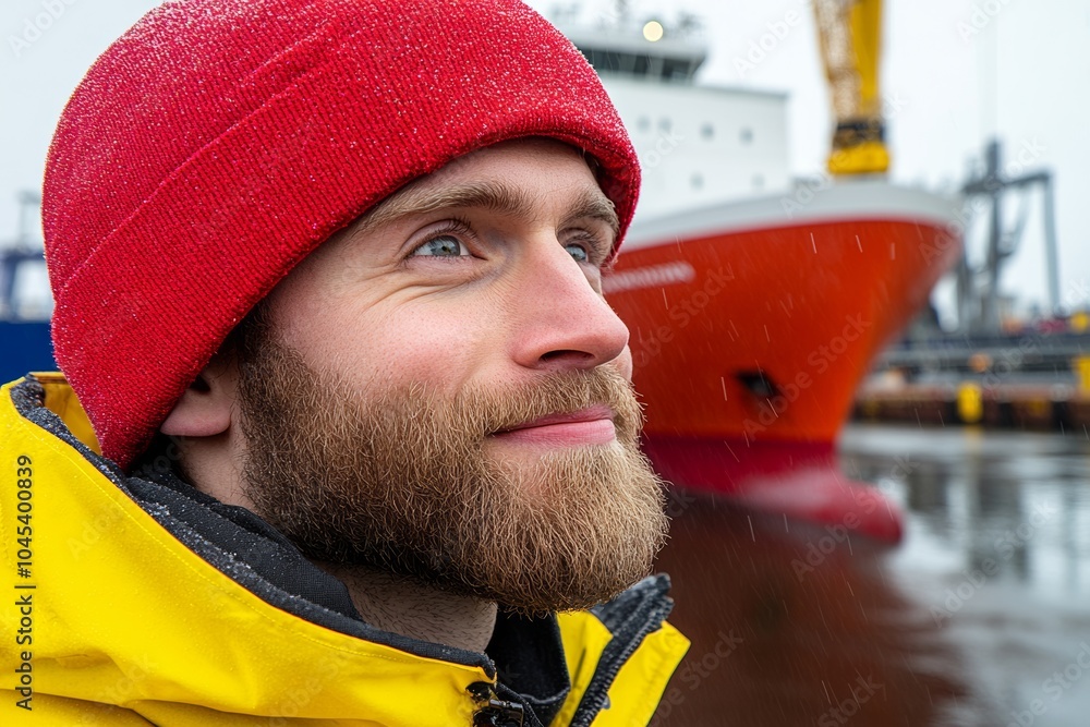 Poster Man with a red hat and beard is smiling at the camera. He is wearing a yellow jacket and standing near a large red ship. A shipyard worker looking at a docked container ship