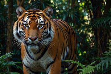 Majestic Bengal Tiger Prowling Through Lush Jungle Foliage