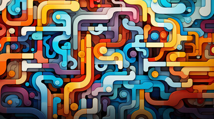 A colorful abstract painting with many different shapes and colors. The painting is full of energy and movement, with the colors blending together in a dynamic way. 