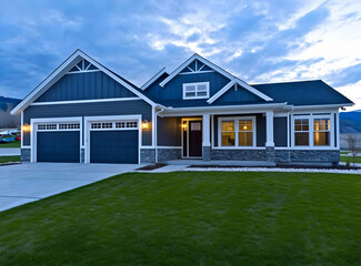 Neighbourhood Real Estate - A modern house with a blue exterior and a well-maintained lawn under a cloudy sky.