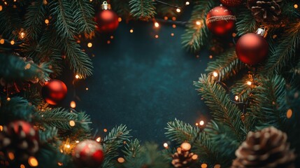 Christmas pine branches, red baubles, and twinkling lights forming a festive frame with black space for text.