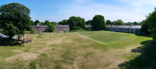 Neighbourhood Real Estate - Aerial view of a grassy field with playground equipment and buildings nearby.