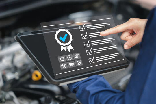 Conditions of insurance, Assurance of Vehicle service warranty online concept, Women's Service Center Officer use tablets check service guarantee, Online checklist technology, quality of car service