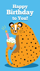 Illustration of a cheerful cheetah holding a cupcake with a lit candle on a bright blue background. The text 'Happy Birthday to You!' adds a celebratory feel.