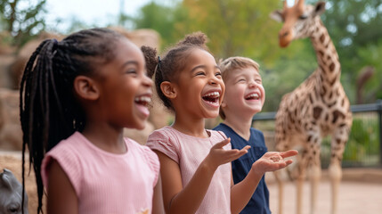 Fototapeta premium Children Observing Animals at Zoo Laughing and Pointing Together