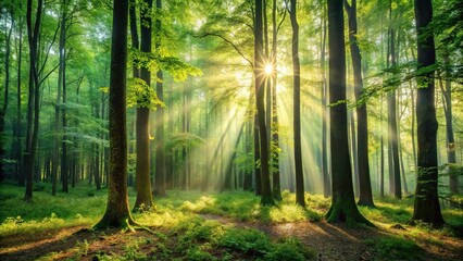 Dense forest with tall trees and sunlight filtering through leaves, canopy, natural surroundings, wilderness, woods