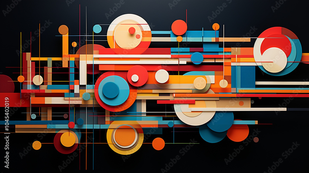 Poster a colorful abstract painting with many different shapes and colors. the painting is full of energy a