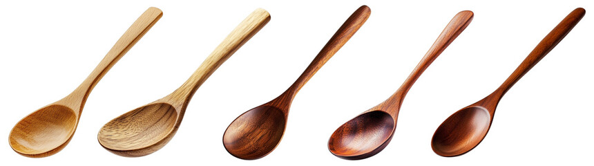 A set of wooden spoons displayed in various shades, showcasing an elegant blend of craftsmanship and natural beauty against a white isolated background.