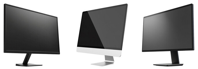 Three modern computer monitors arranged creatively, showcasing sleek designs and innovation against...