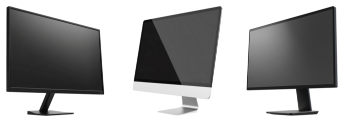 Three modern computer monitors arranged creatively, showcasing sleek designs and innovation against a white isolate background.