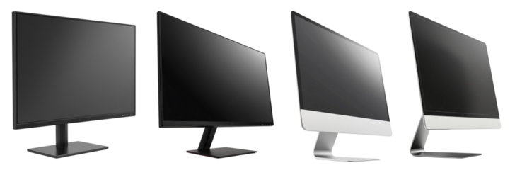 Three modern computer monitors in varying designs, elegantly displayed on a white isolated background, showcasing sleek technology and design.