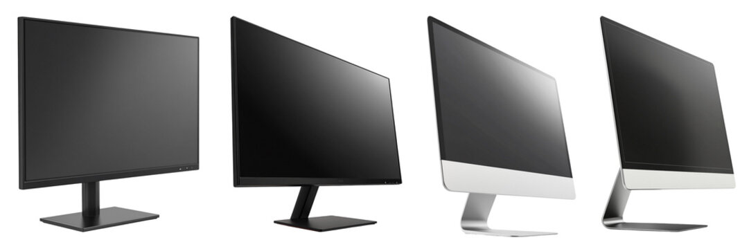 Three modern computer monitors in varying designs, elegantly displayed on a white isolated background, showcasing sleek technology and design.