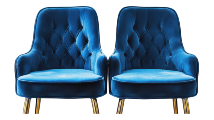 Elegant blue velvet chairs with tufted design and gold legs, perfect for modern living spaces or stylish interiors.