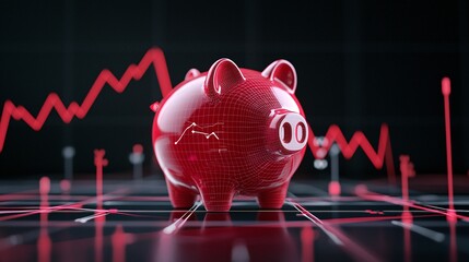 Savings plan concept with a 3D piggy bank and line chart sharp focus ultra HD commercial color grading