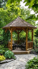 Naklejka premium Charming Wooden Gazebo in Lush Garden Setting