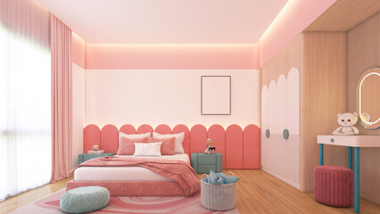 Modern pink kid bedroom with pink padded headboard wall and blue bedside table, wood wardrobe and dressing table. 3d rendering 