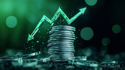 Stacked coins and green arrows representing investment growth geometric commercial color grading high resolution ultra hd clean sharp focus