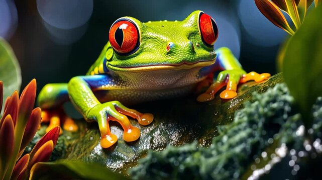 Red eyed tree frog posing on a mossy rock