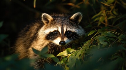 A raccoon looks directly at the camera with its fur glowing in the golden sunlight.