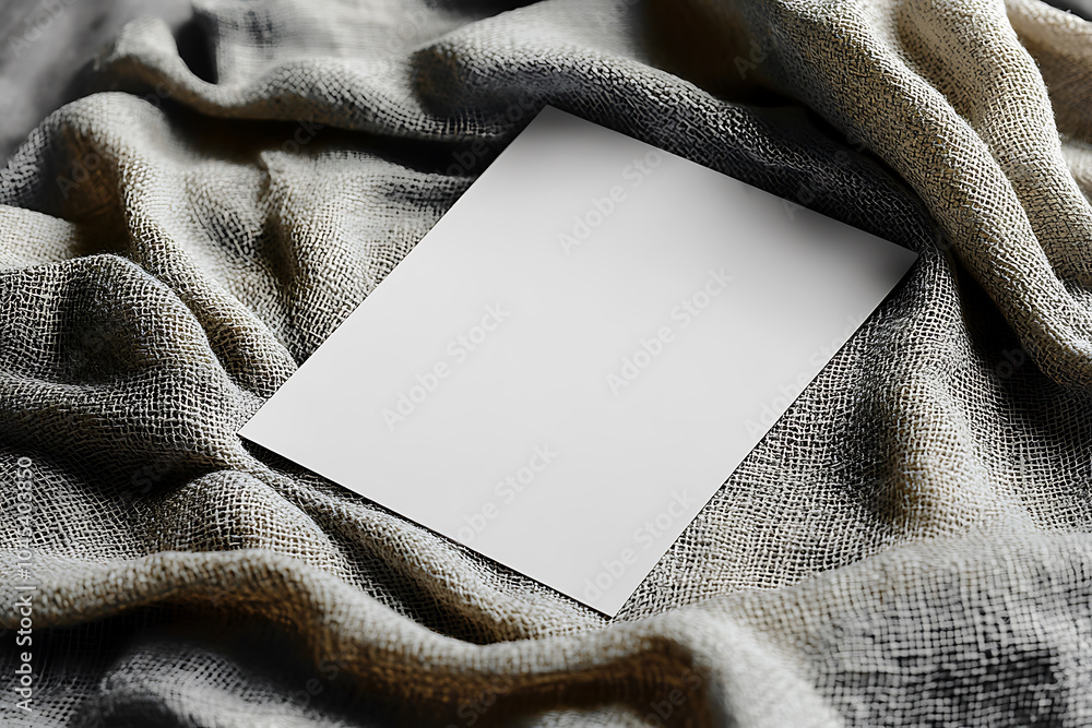 Poster a sheet of white paper rests on textured fabric, creating serene and minimalist composition. soft fo