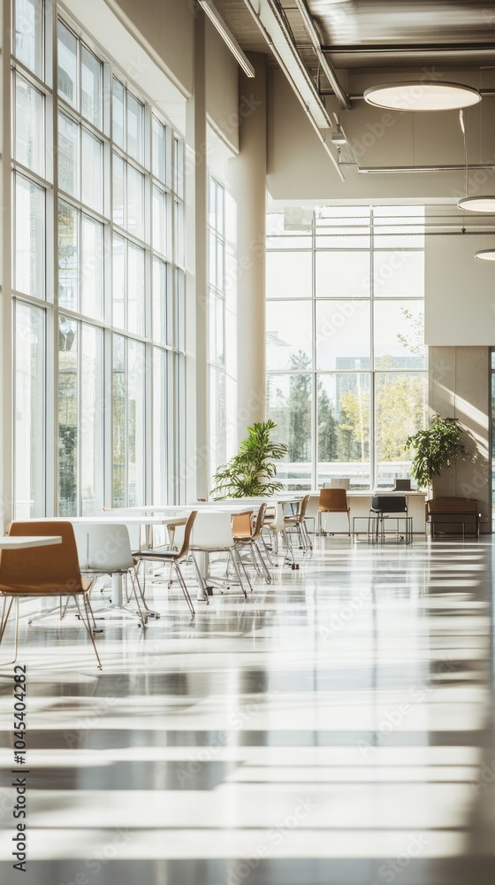 Poster sun shining through windows in empty modern office building cafeteria