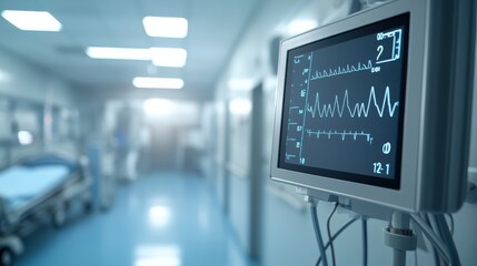 Fototapeta premium A vital signs monitor showing stable readings with a steady pulse line, set in a clean, organized hospital room, creating a sense of calm in patient care