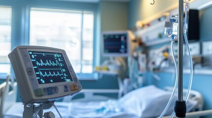 Obraz premium A vital signs monitor showing stable readings with a steady pulse line, set in a clean, organized hospital room, creating a sense of calm in patient care