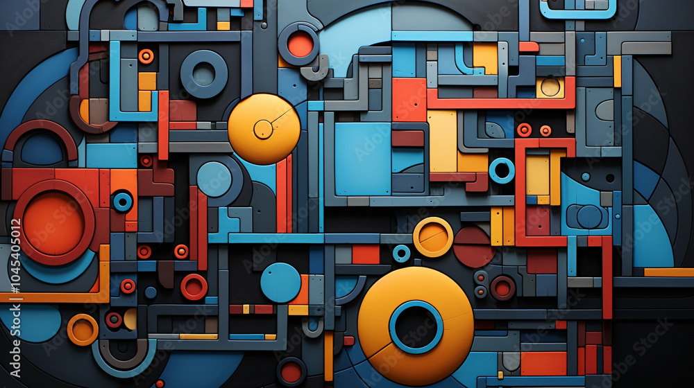 Poster a colorful abstract painting with many different shapes and colors. the painting is full of energy a