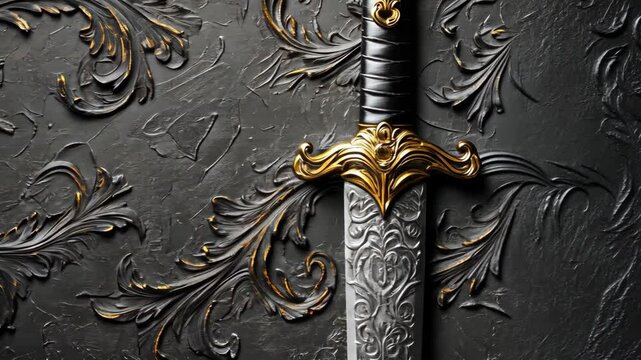 A silver and gold sword rests against a black, ornate background
