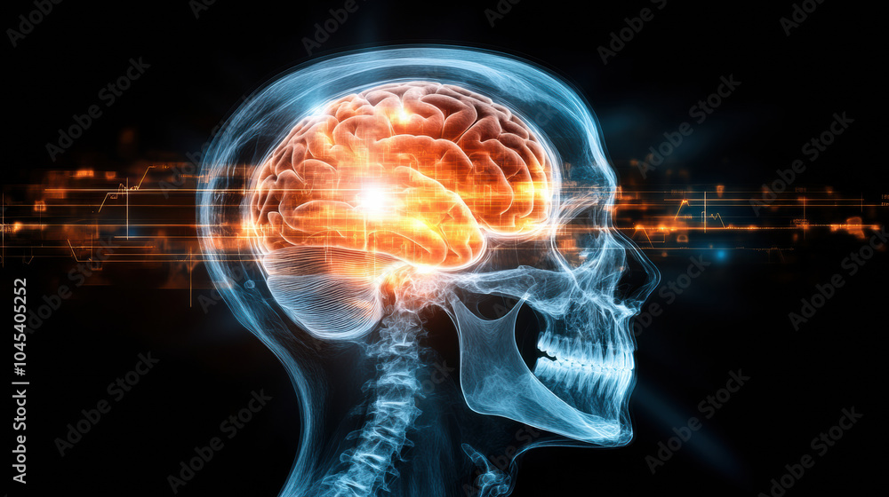 Poster x ray of skull with brain overlay, showcasing neural activity and structure