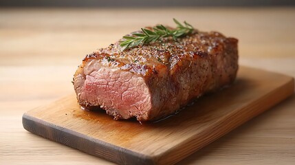 Succulent grilled steak with fresh herbs a culinary delight on a wooden cutting board