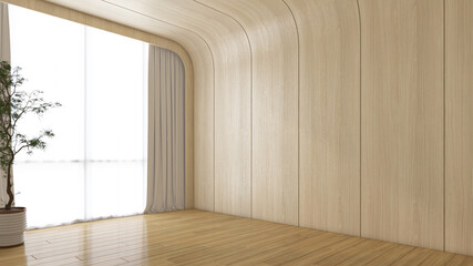 Minimalist empty room with curved wooden wall and Indoor plants. White curtain and wood floor. 3d rendering