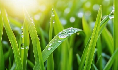 Close-up of dew-covered grass blades illuminated by sunlight.