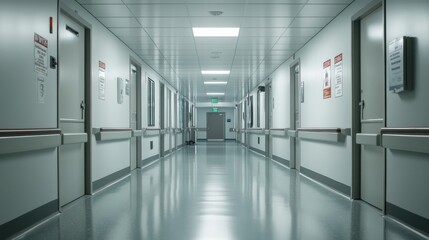 Obraz premium A hospital hallway leading to the ICU, with warning signs and restricted access doors, emphasizing the seriousness and critical care area of the facility