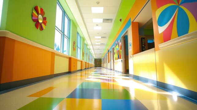 A serene view down a pediatric hospital corridor, with colorful walls and playful decorations, making the environment comforting and friendly for children.