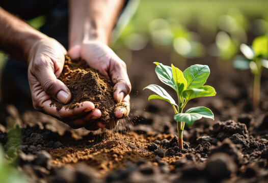 Manos esparciendo tierra sobre una planta joven en un campo de cultivo, representando crecimiento y siembra.