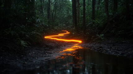 Obraz premium A winding path illuminated by a glowing orange light in a lush, green rainforest.