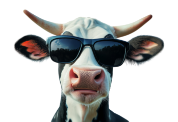 A funny cow or cattle head with sunglasses looking at camera isolated on a transparent PNG or white background. Farmland animals concept.