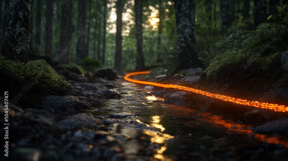 Poster a glowing orange path winds through a forest stream, sunlight filtering through the trees.