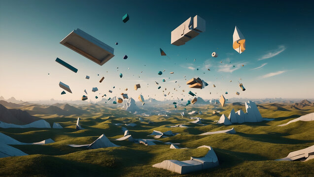 Surreal landscape with fragmented geometric shapes floating above rolling green hills, creating dreamlike atmosphere. scene evokes sense of wonder and exploration
