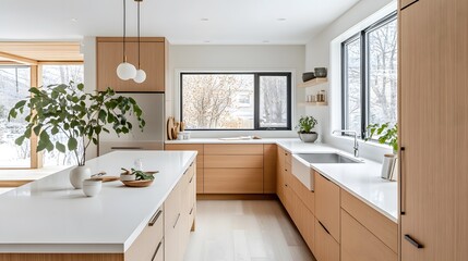 A minimalist Scandinavian kitchen with white countertops, wooden cabinets, and natural light