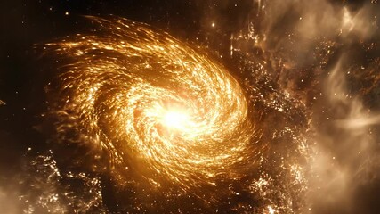 A golden spiral galaxy shines bright against the dark backdrop of space