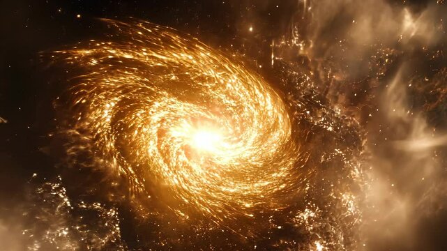 A golden spiral galaxy shines bright against the dark backdrop of space