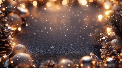 Holiday pine twigs, Christmas lights, and silver baubles forming a frame around black space for writing.
