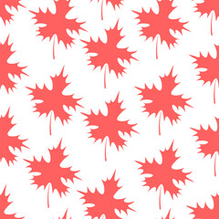 Maple leaf. Red part of the tree with veins. Emblem of Canada. Seamless vector pattern. Flat style. Isolated colorless background. Endless ornament of leaves. The shape of the leaf is crown-shaped. 