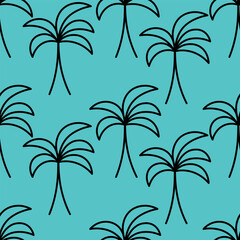 Fototapeta premium Palm tree. Sketch. Seamless vector pattern. Outline on isolated turquoise background. Doodle style. Repeating ornament of tropical trees. Exotic plant with mighty trunk and large leaves. 
